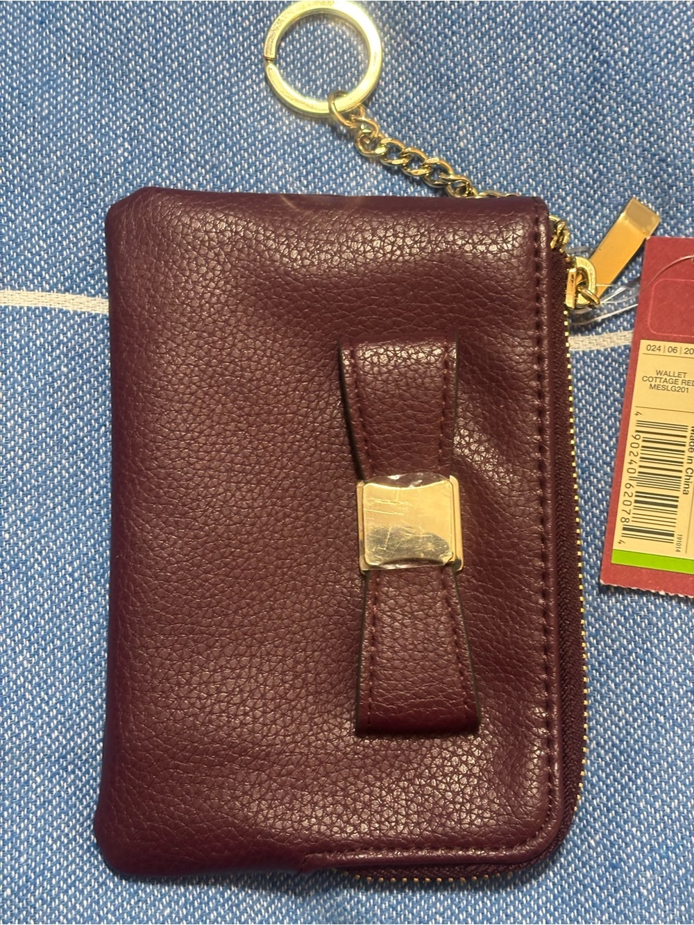 Women's Bow Accent Zip Card Wallet in Burgundy - Unbranded